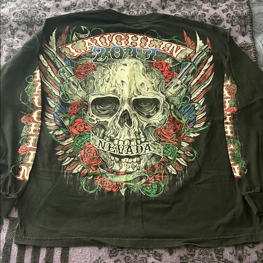 🔥Laughlin Nevada Biker skull Long Sleeve Shirt - Black collectors
